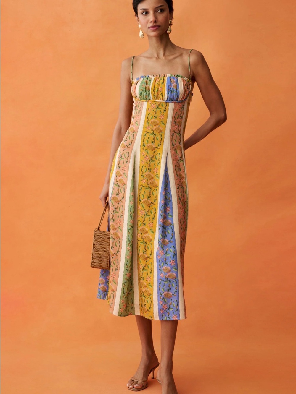 Patchwork Floral Strappy Midi Dress - Yellow Multi